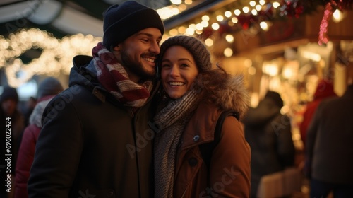 Couple embracing the festive spirit while exploring a vibrant Christmas market. © Sandris_ua