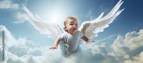 a baby in white in blue angel wings flying above clouds photo