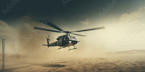 a helicopter flies over a sand military