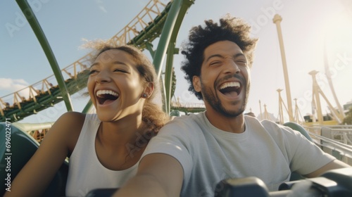 Couple enjoying a roller coaster ride at a theme park.