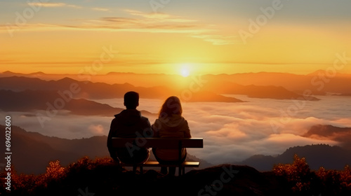 Romantic couple sitting on a bench and watching the sunrise over the misty valley.Holiday travel concept.Happy valentines day concept.