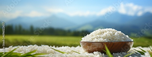 Asian uncooked white rice in background of a field photo