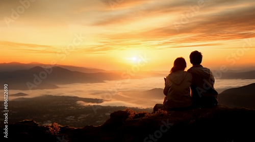 Silhouette of romantic couple sitting on top of mountain and looking at beautiful sunset with sea of mist.Holiday travel concept.Happy valentines day concept.