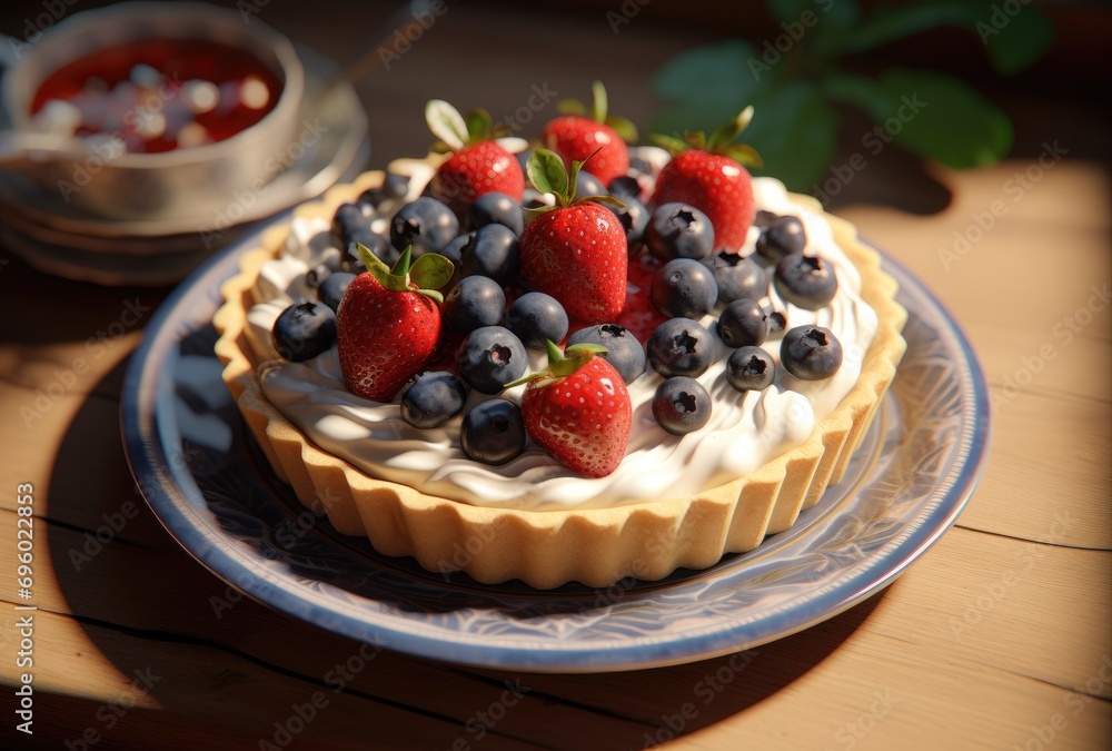 a pie decorated with berries sitting on a plate a pie decorated with berries sitting on a plate