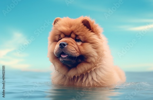 a chow chow is looking at some water on a green background © ArtCookStudio