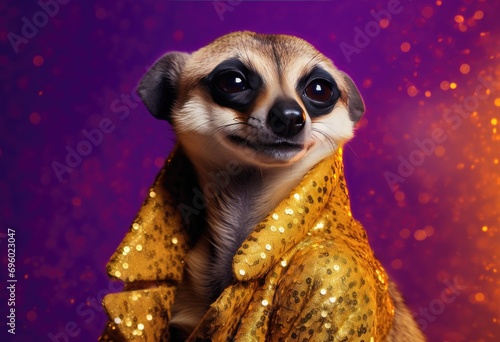 a meerkat in a yellow and purple outfit