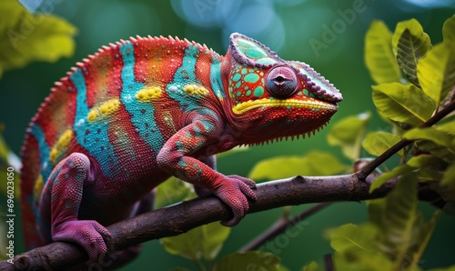 a chameleon is perched on a tree branch