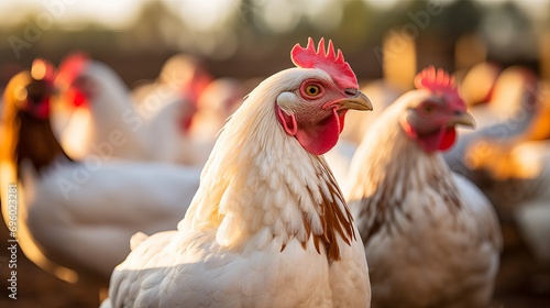 During the day, the farmyard is filled with chickens of various colors.