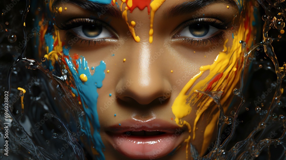 Abstract body paint and makeup on a female model's face. A colorful and creative portrayal of beauty and artistry