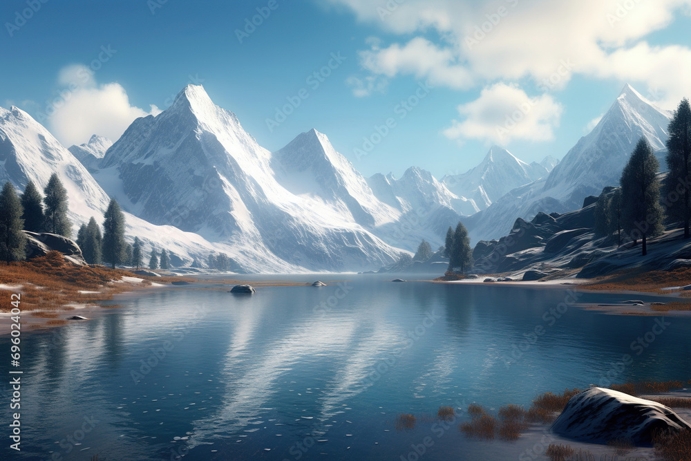 Beautiful Snowy Landscape, Majestic Snowcapped Mountains Towering Over a Pristine Alpine Lake in a National Park. Sunset, Sunrise, and Dramatic Blue Sky