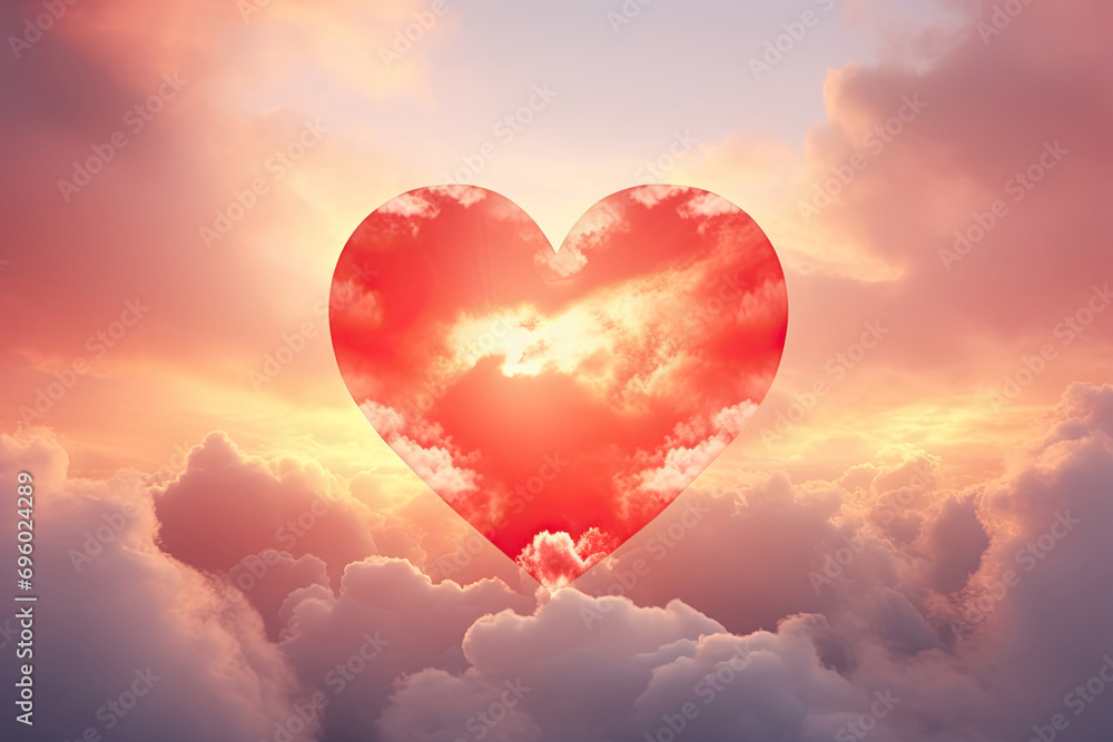 Fototapeta premium Valentine's Day Red Heart-Shaped Clouds at Evening Sunset. Beautiful Love Background with Copy Space