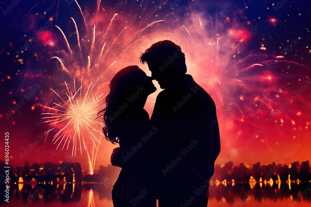 Valentine's Day Silhouette of Loving Couple Hugging and Kissing with Fireworks in the Background