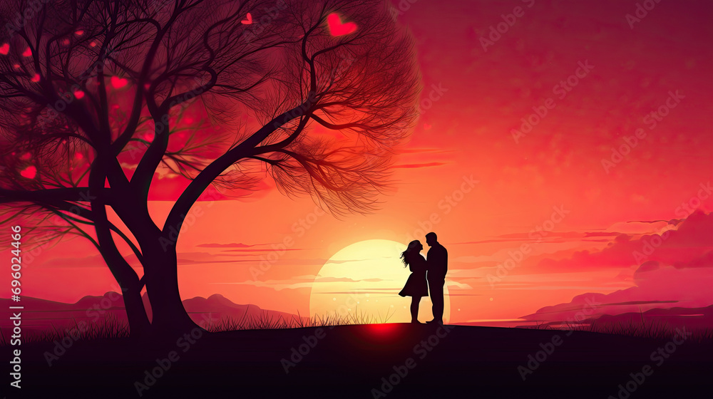 Valentine's Day Silhouette Loving Couple Hugging and Kissing, Fantasy Heart Shape Banner Illustration on Sunset Background Valentine's Day Silhouette Loving Couple Hugging and Kissing, Fantasy Heart Shape Banner Illustration on Sunset Background