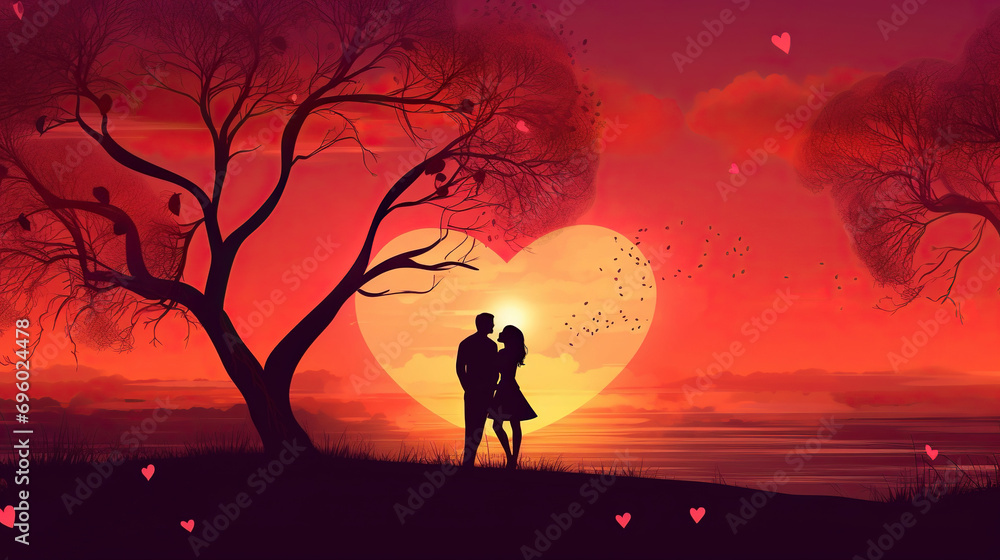 Valentine's Day Silhouette Loving Couple Hugging and Kissing, Fantasy Heart Shape Banner Illustration on Sunset Background