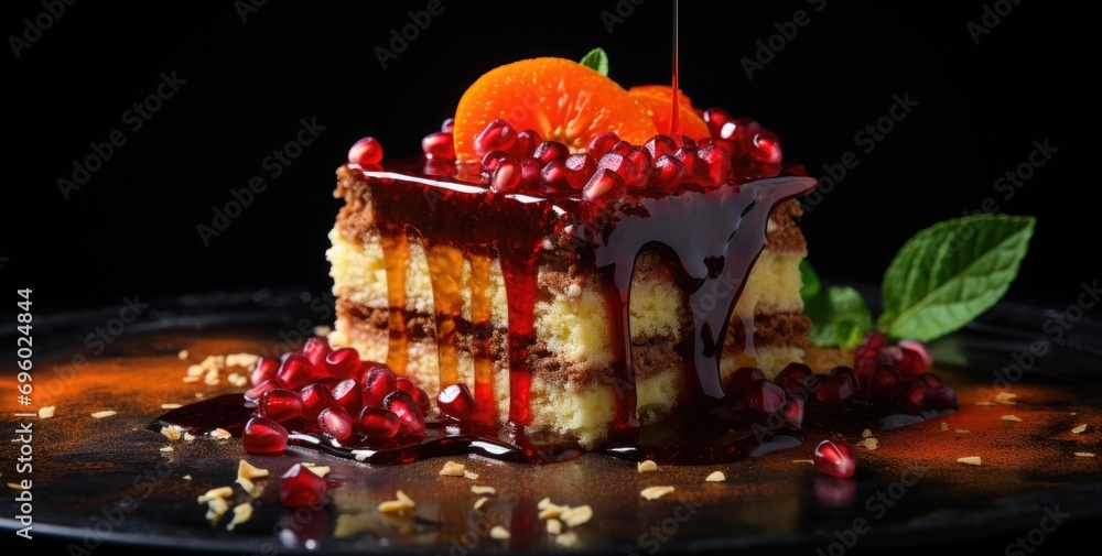 a piece of desert with pomegranate, almond sprinkled on top