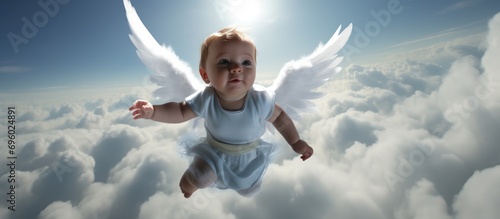a baby in white in blue angel wings flying above clouds