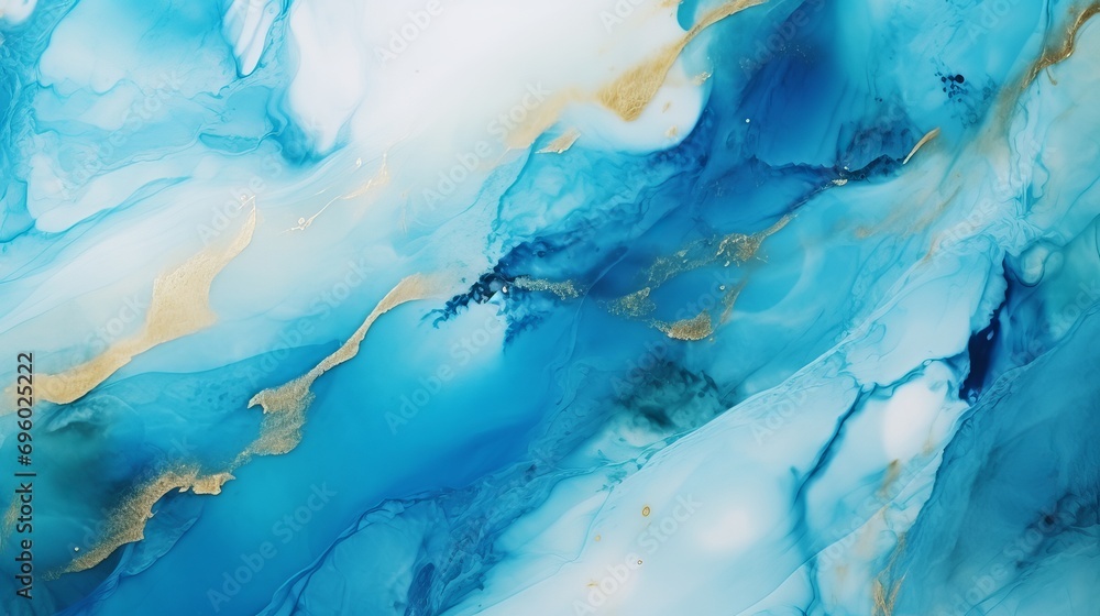 The texture of abstract alcohol ink paintings is made up of blue and azure tones with golden streaks.