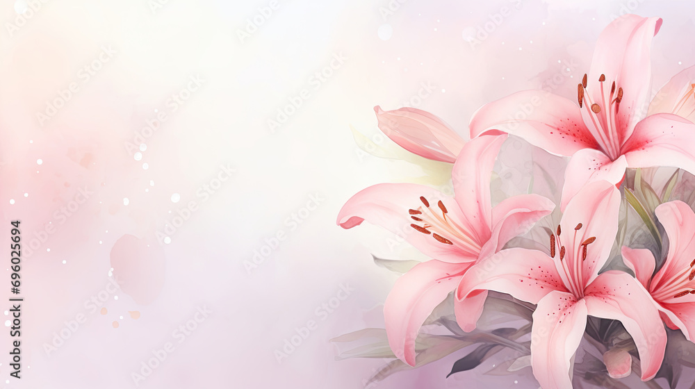 Lily Flowers Watercolor Illustration Art, Bouquet on Light Soft Blue Pink Background. Banner with Copy Space for Greeting Card, Event Invitation, Promotion