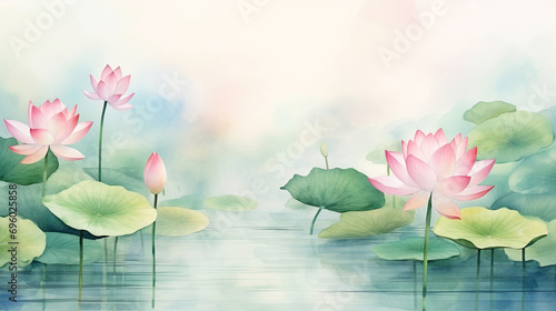 Water Lily Watercolor Painting, Pink Lotus Flowers for Greeting Cards or Wedding Invitations with Copy Space for Text photo