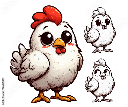 Amidst a picturesque backdrop, charming chickens strut and peck, their feathers vibrant with rustic allure in this delightful illustration