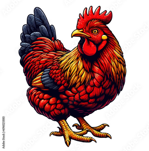 Amidst a picturesque backdrop, charming chickens strut and peck, their feathers vibrant with rustic allure in this delightful illustration.