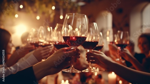 Close-up of wine glasses clinking in a toast, capturing the convivial atmosphere of the event photo