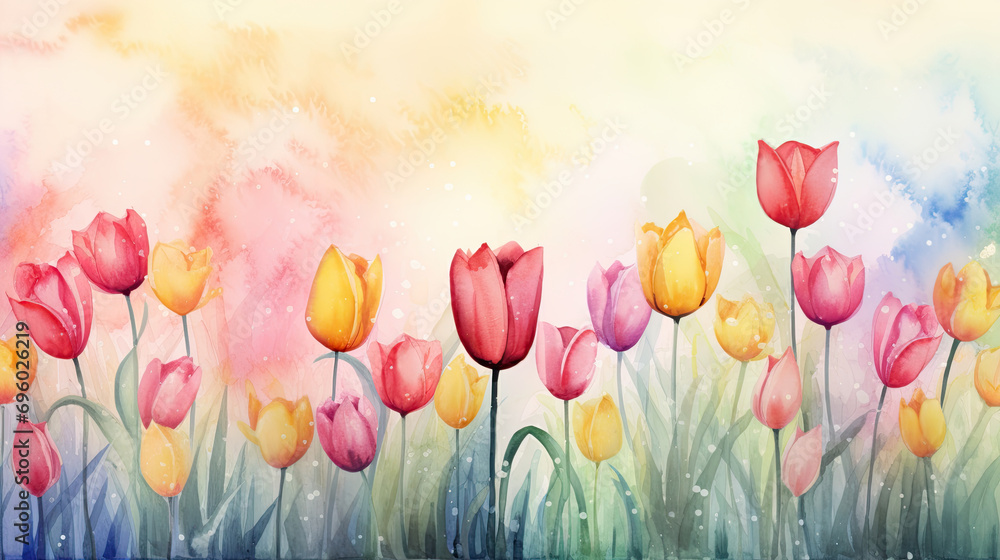 Bouquet of Colorful Watercolor Tulip Flowers Illustration Art on White Background with Copy Space