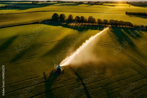 aerial view of a sprinkler in a field in countryside at sunset, jouy-en-pithiverais,loiret, france, photo