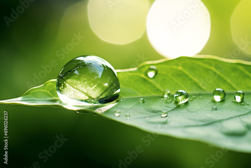 A gorgeous clear droplet beaming on a verdant leaf, depicting a picturesque natural scene in the spring or summer.