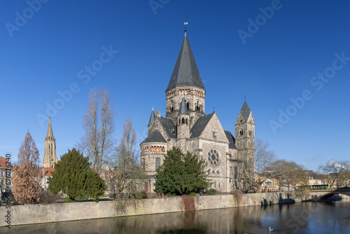 Metz, France - January 19th 2019 : View of the Protestant temple of Metz, on the Moselle river, in the historical part of the city.