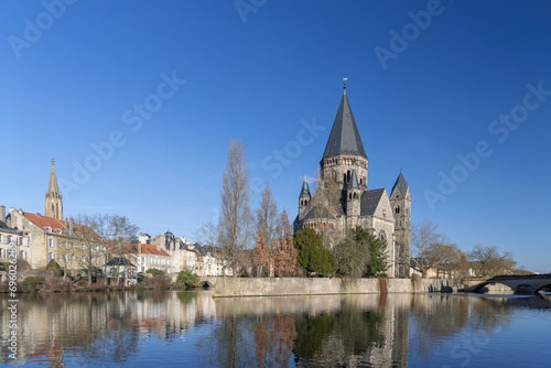 Metz, France - January 19th 2019 : View of the Protestant temple of Metz, on the Moselle river, in the historical part of the city.