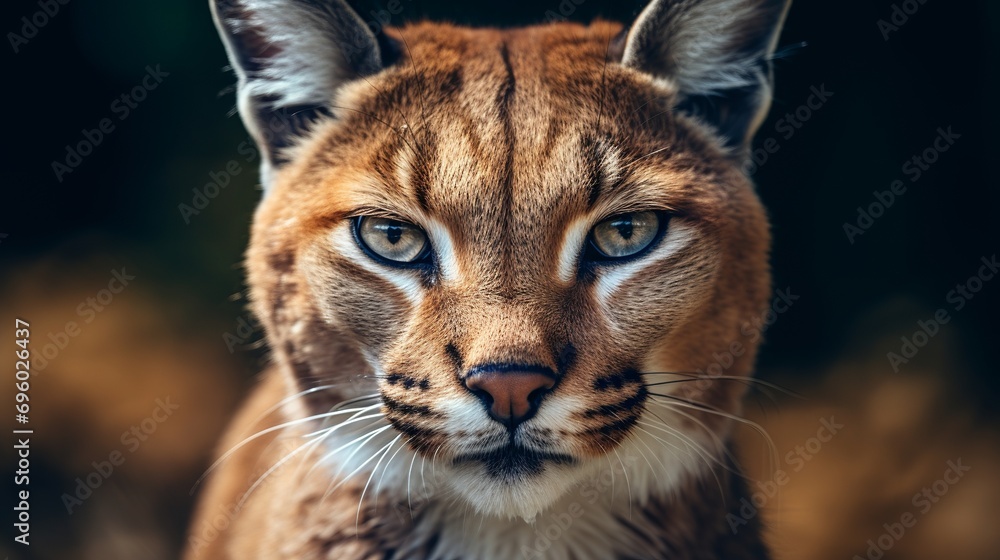 A close-up shot of a caracal that is wild and has green eyes. A close-up shot of a caracal that is wild and has green eyes.
