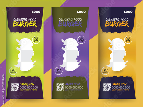 Modern food rollup banner design for restaurant. Vertical, roll-up template, food roll up banner design template
