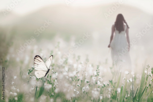 a white butterfly flies free in the middle of a flowery meadow while a woman walks in the background, abstract concept photo