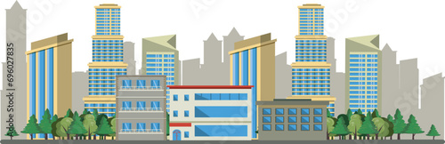 Modern cityscape with skyscrapers and trees.