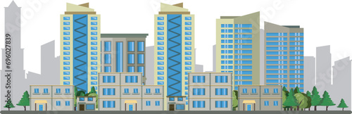 Modern cityscape with skyscrapers and trees.