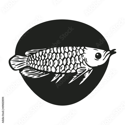 Fishing logo. Bass fish with rod club emblem. Fishing theme vector illustration. Black and White