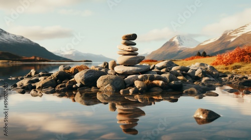 Tranquil lakeside landscape with a balanced stack of stones, representing harmony and peace in a beautiful outdoor scene © Rabbi
