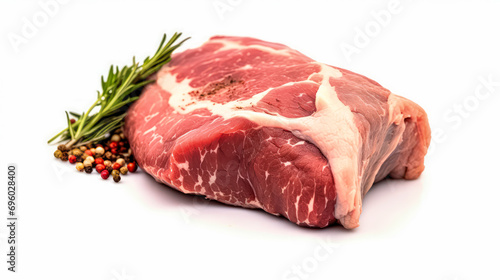 Tender beef with spices, artfully presented on a clean white isolated background.