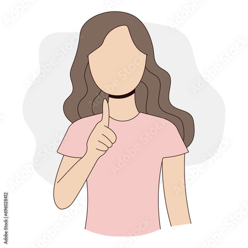 A story about something important. The girl shows a gesture of importance. Element for advertising. Exclamation mark. Note. Illustration for your designs. White isolated background.