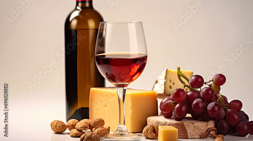 A glass of wine, complemented by cheese and grapes