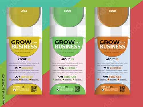 Roll up banner design for business events, presentations and for marketing in print ready blue, orange, red, green, purple colors