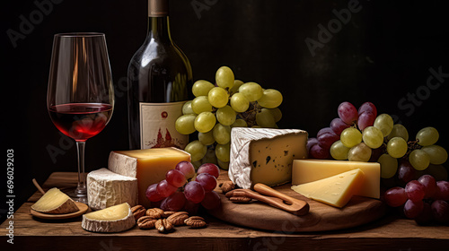 A glass of wine, complemented by cheese and grapes