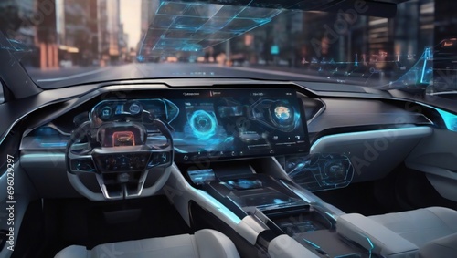 interior of a car Technology on a new car dashboard. Generative AI  © Manzar