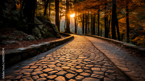 cobblestone path winding through a forest, illuminated by the soft golden light of the setting sun filtering through the trees