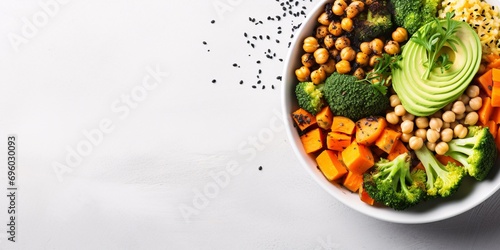 Nourishing plant-based bowl with avocado, mushrooms, broccoli, greens, chickpeas, and pumpkin on a bright surface. Salad from veggies. From above.