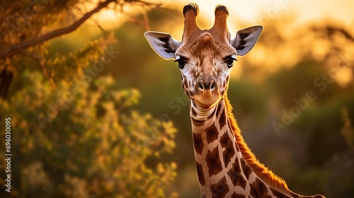 A photograph of a giraffe standing in a field with greenery and sunlight behind it © Ruslan