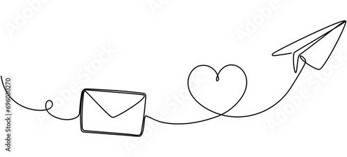 Envelope with flying paper plane and heart continuous line drawing. Email linear symbol. Vector illustration isolated on white.