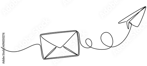 Paper plane with envelope continuous line drawing. Email linear symbol. Vector illustration isolated on white.