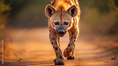 A spotted hyena walking on a dirt road is captured in a shallow focus shot with a blurry background. photo